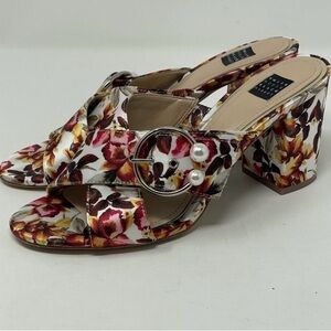 White House black market silvy floral satin mule heels, 7M.